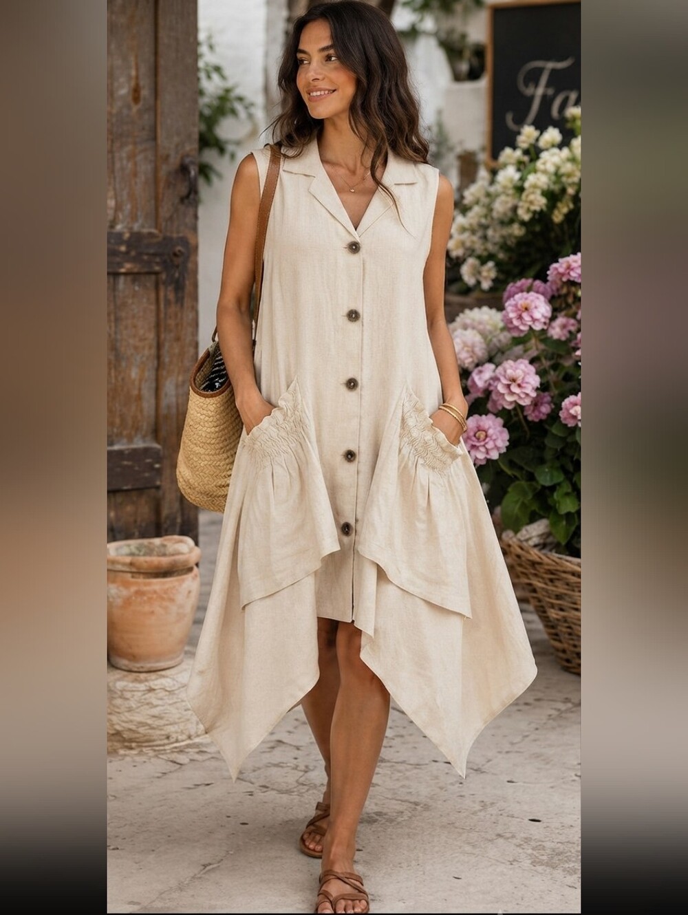 ForCynthia Cream Oversized Linen Blend Dress M Handkerchief Hem Boho Lagenlook